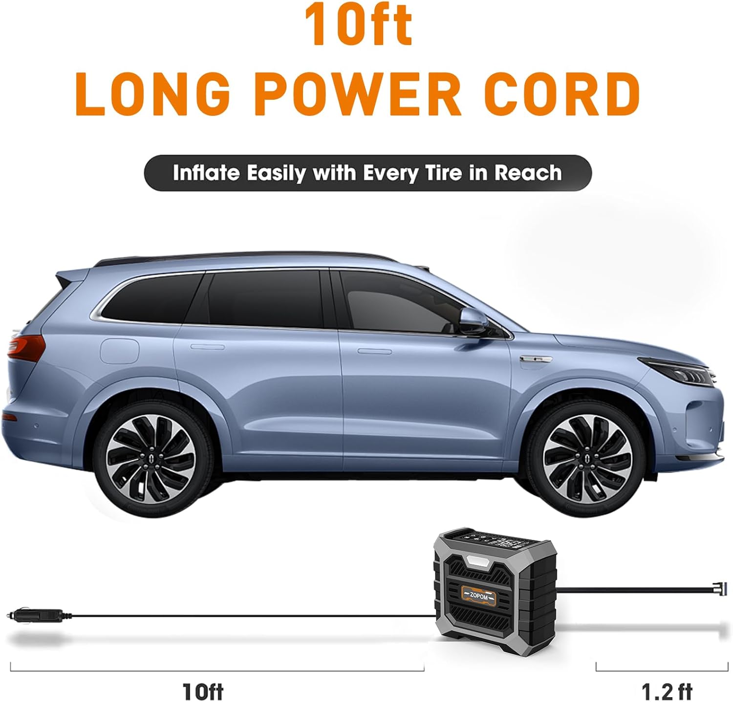 Highlights the 10ft long power cord to emphasize the product's reach and convenience for inflating tires.