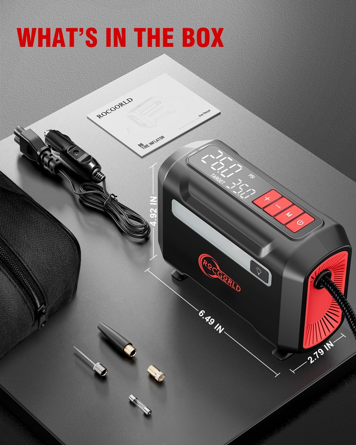 Shows all items included in the tire inflator package, helping customers understand exactly what they'll receive. Provides exact measurements of the main device to give customers a clear idea of its…