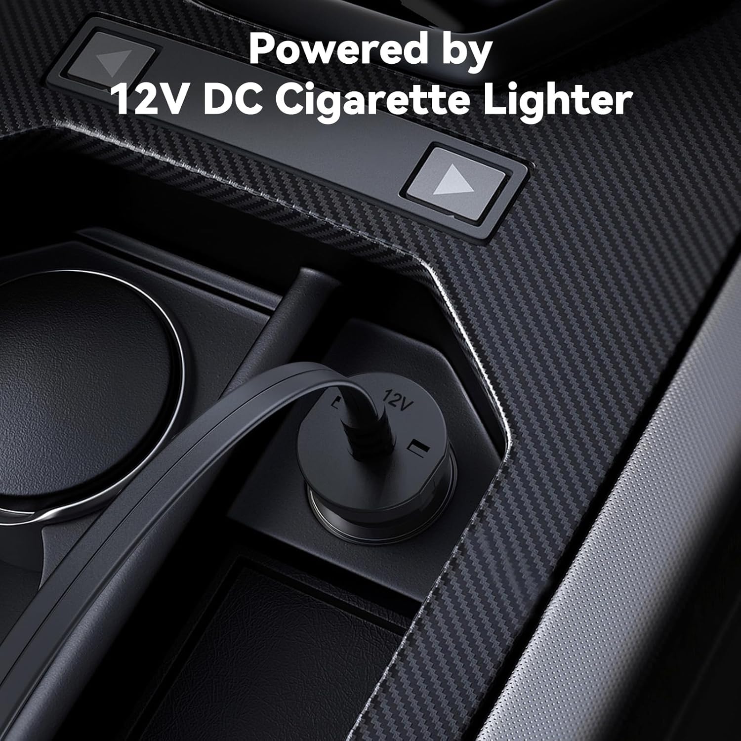 Highlights that the product can be powered by a standard 12V DC car cigarette lighter socket, emphasizing its convenience for in-vehicle use.