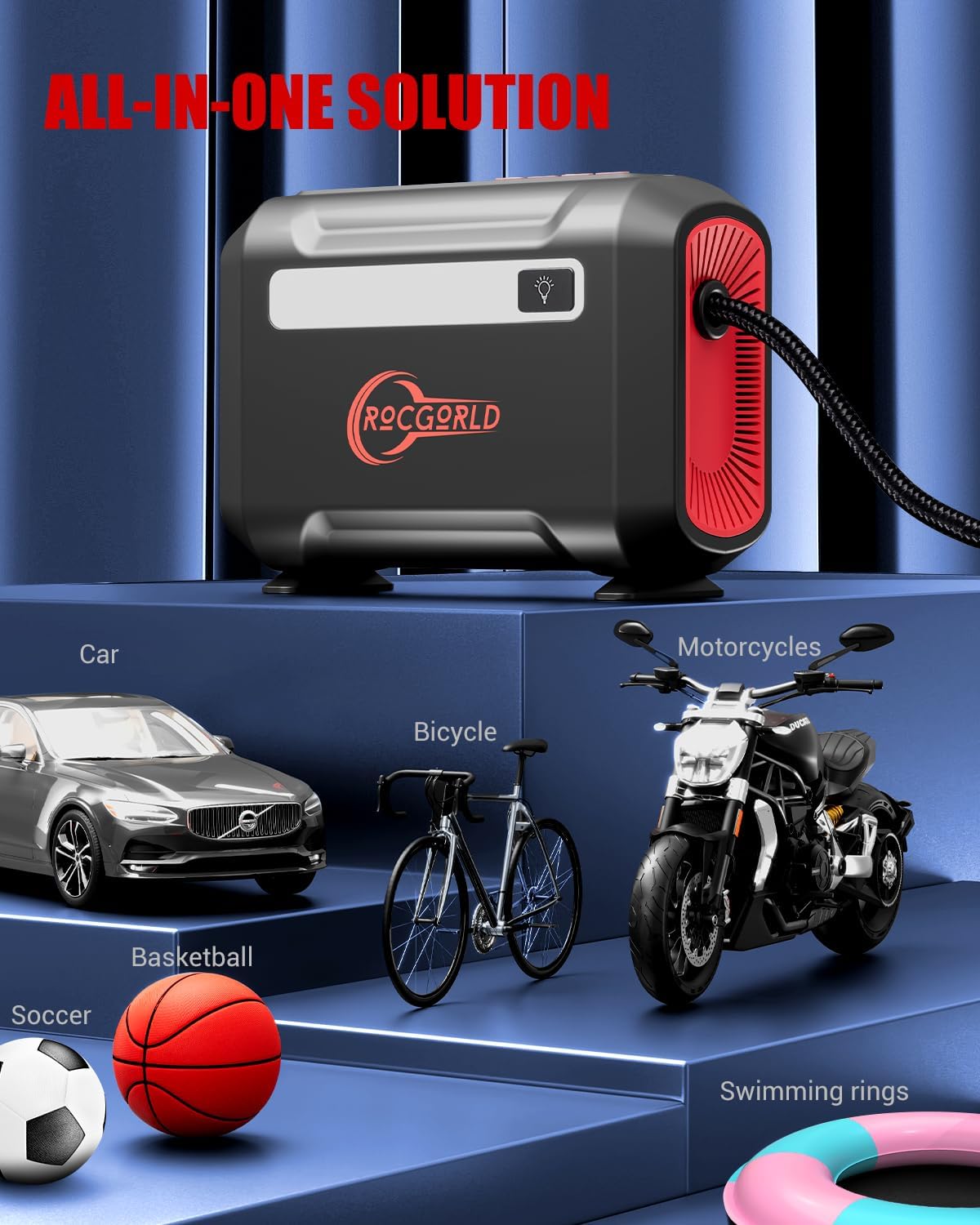 Demonstrates the versatility of the product by showing its compatibility with various vehicles and sports equipment, positioning it as an all-in-one solution for inflation needs.