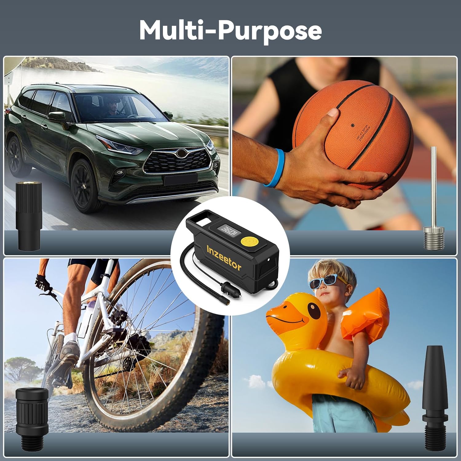 Demonstrates the versatility of the product across different activities and environments, including driving, basketball, cycling, and swimming.