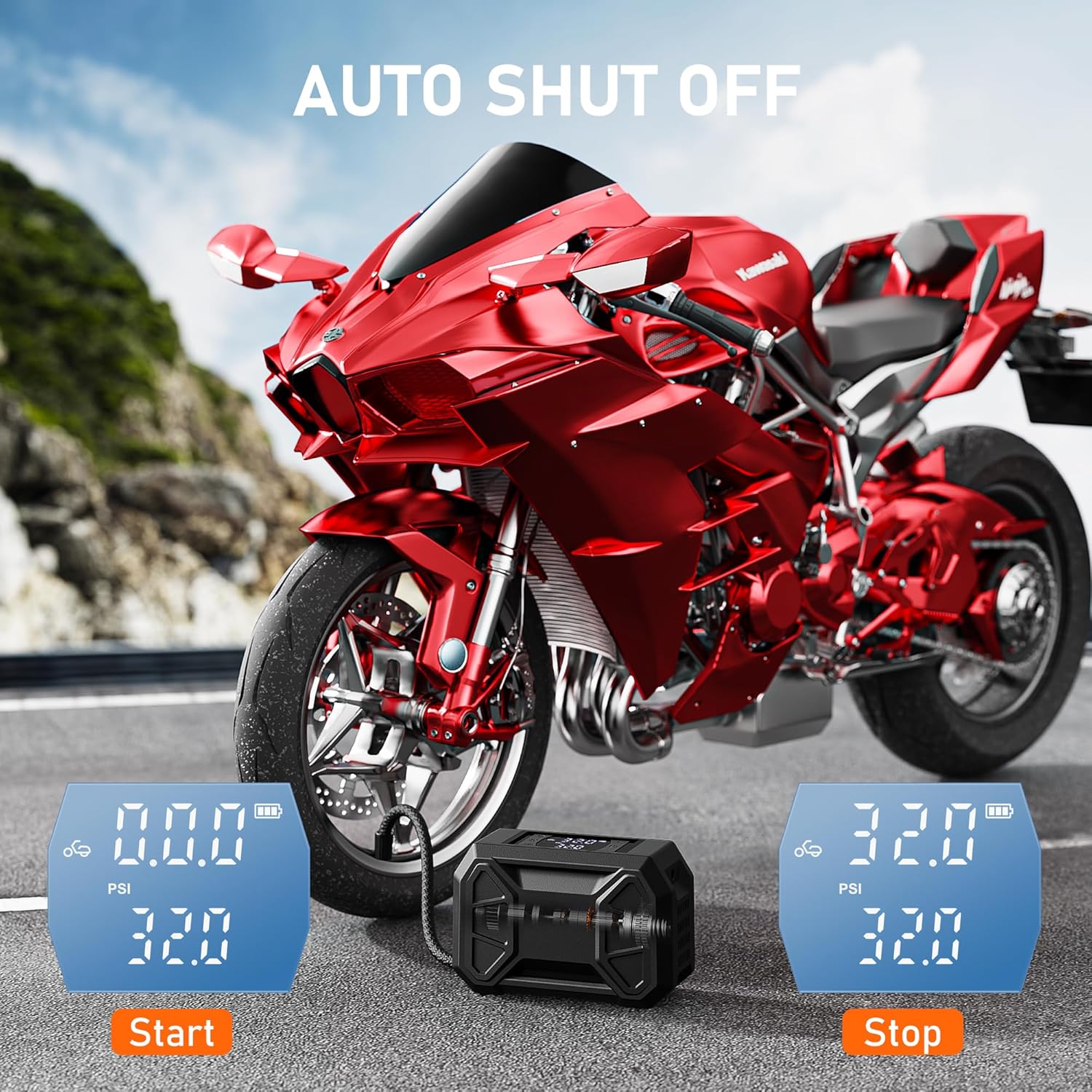 Highlights the auto shut off feature of the motorcycle tire inflator, demonstrating its convenience and safety.