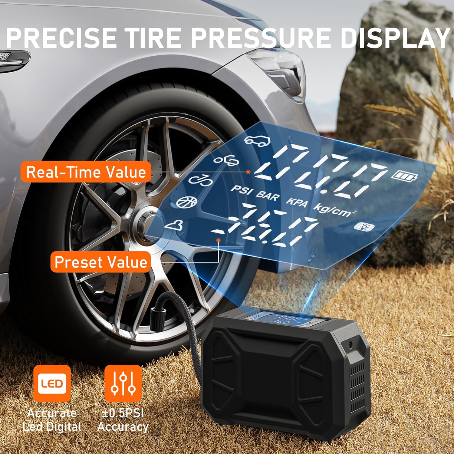 Highlights the product's ability to provide accurate, real-time tire pressure readings in multiple units, emphasizing safety and convenience for drivers.