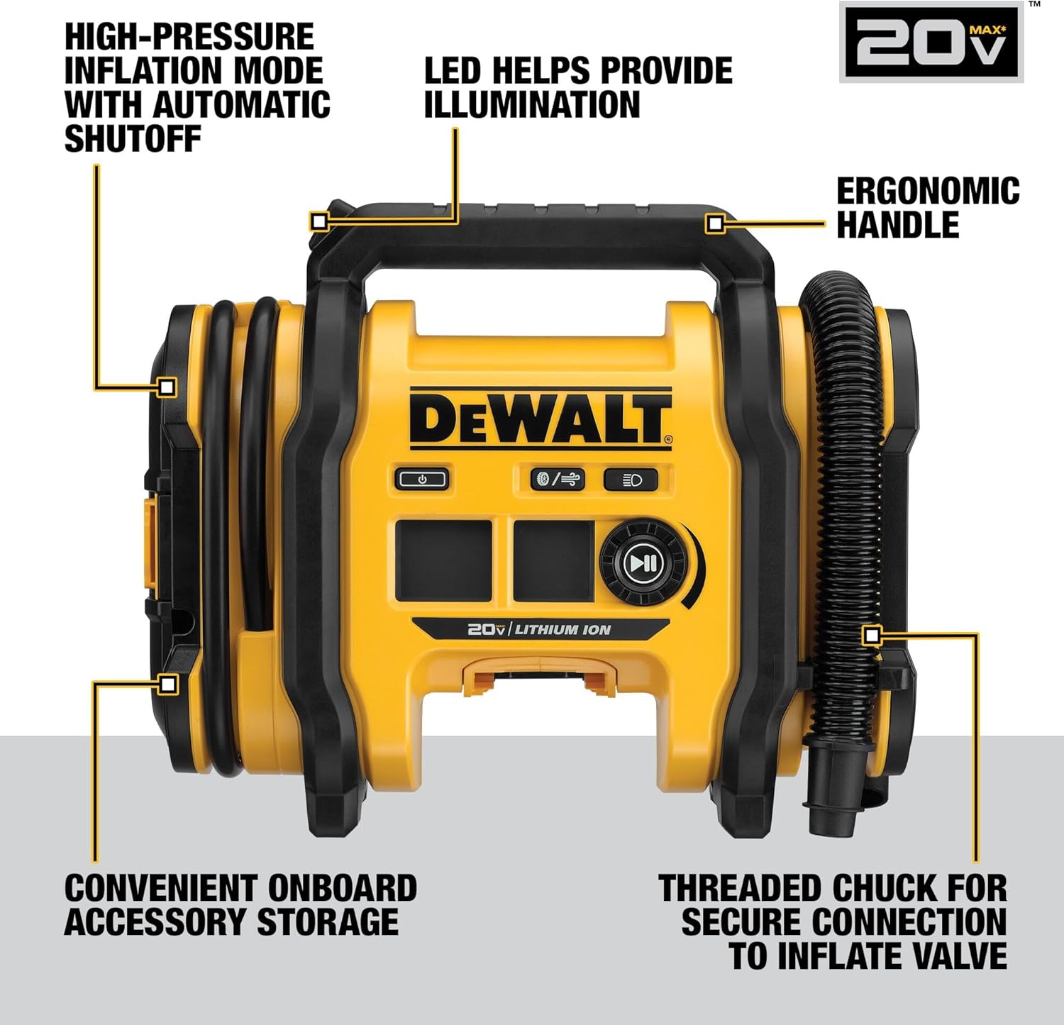 Highlights multiple key features of the DeWalt inflator to demonstrate its versatility and user-friendly design for various inflation needs.