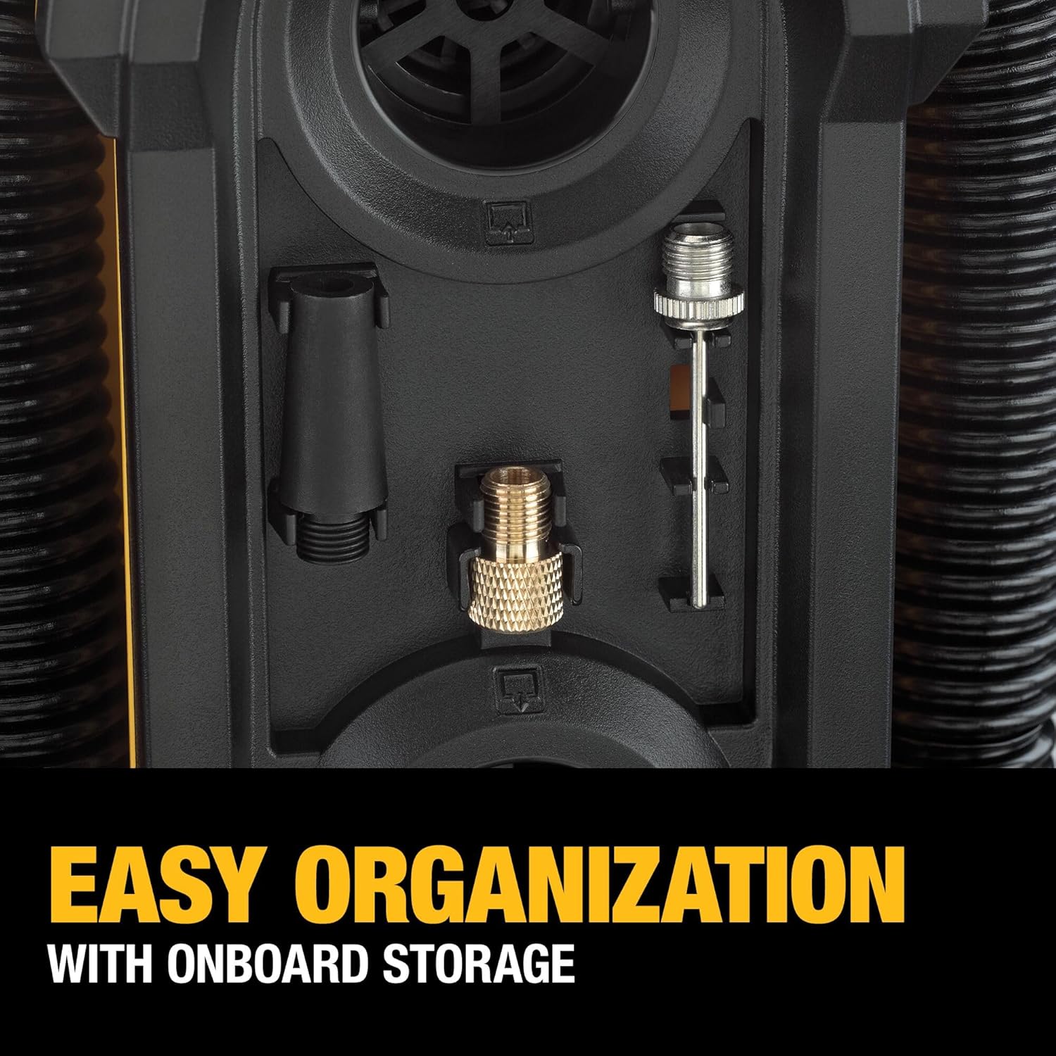 Highlights the product's built-in storage compartment for accessories, emphasizing convenience and organization.