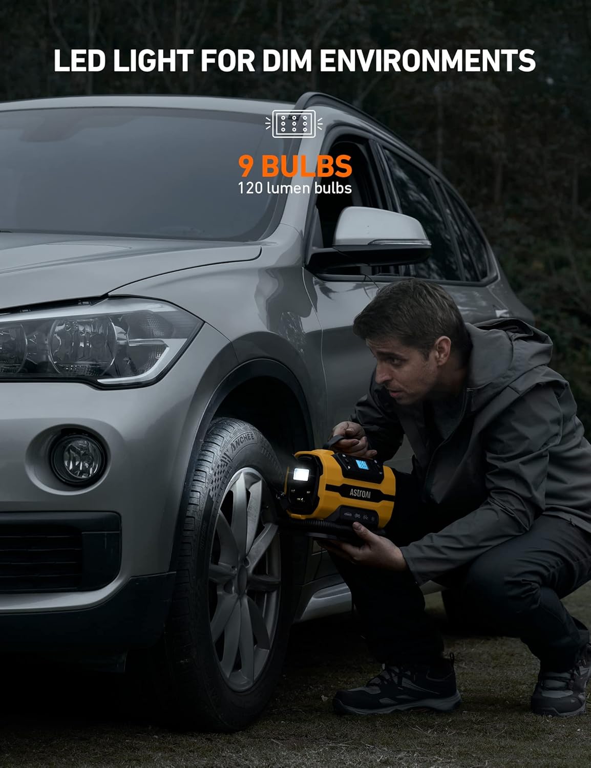 Highlights the product's LED light feature, emphasizing its usefulness in low-light conditions for tasks like tire maintenance.