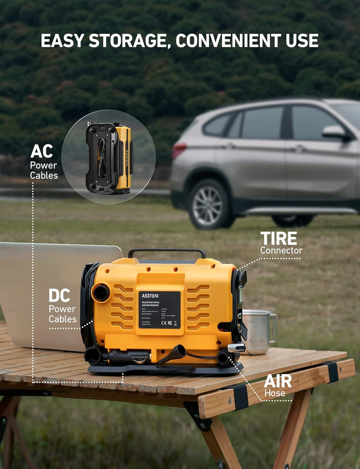 Highlights the key components and connections of the product, showing how it's designed for easy storage and convenient use.