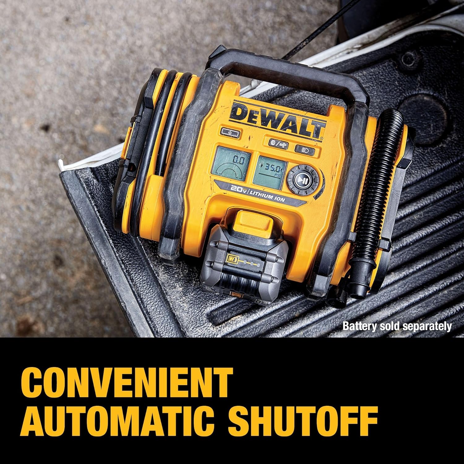 Highlights the convenient automatic shutoff feature of the DeWalt tool, emphasizing ease of use and energy efficiency.