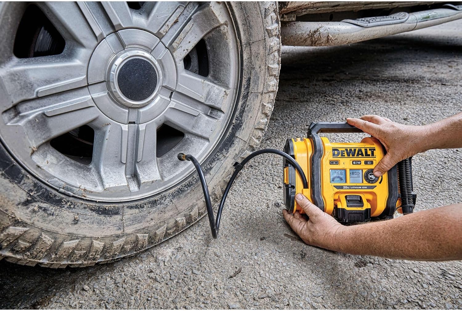 Demonstrates the product's capability to inflate car tires, showcasing its practical use in automotive maintenance. Shows the product being used in a real-world context, emphasizing its utility…