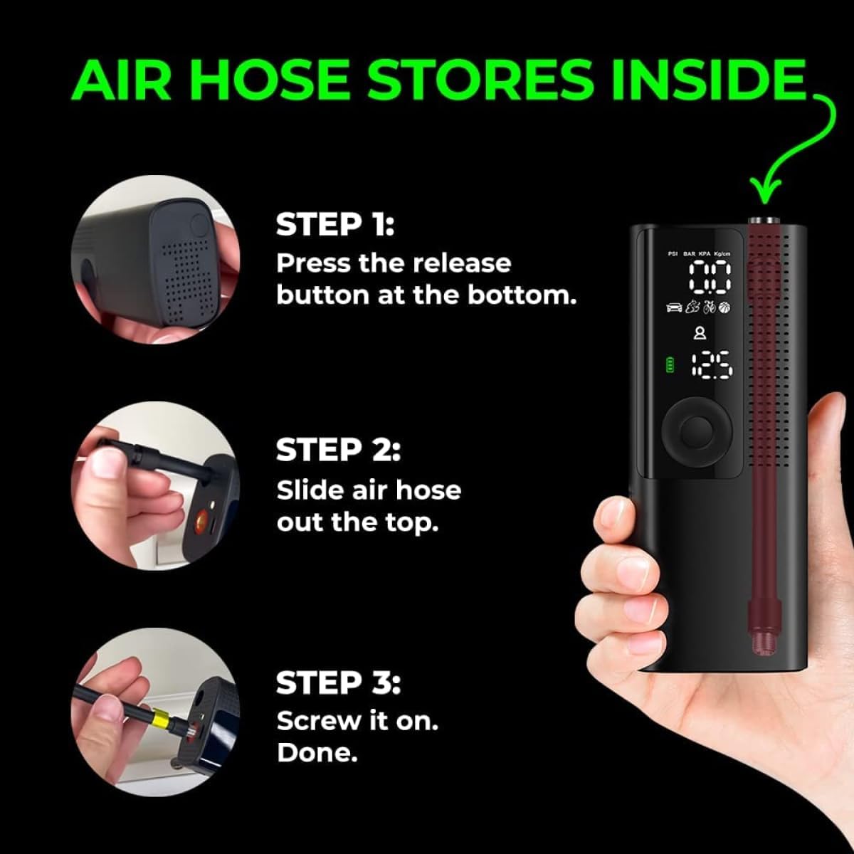 Demonstrates the step-by-step process of attaching the air hose to the device, making it easy for users to understand how to set up and use the product.