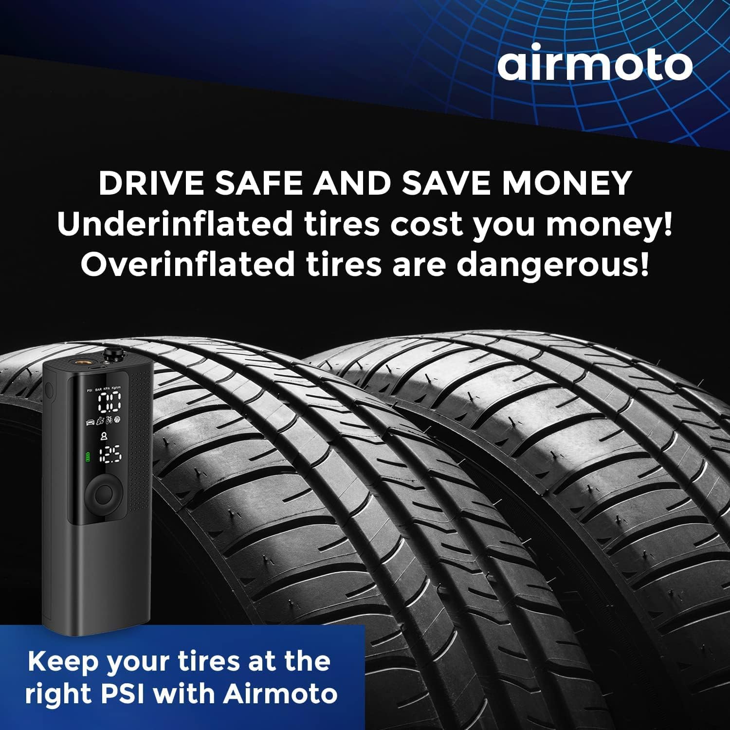 Emphasizes the safety and cost-saving benefits of maintaining proper tire pressure using the Airmoto product. Highlights the key benefit of the Airmoto product in maintaining optimal tire pressure…