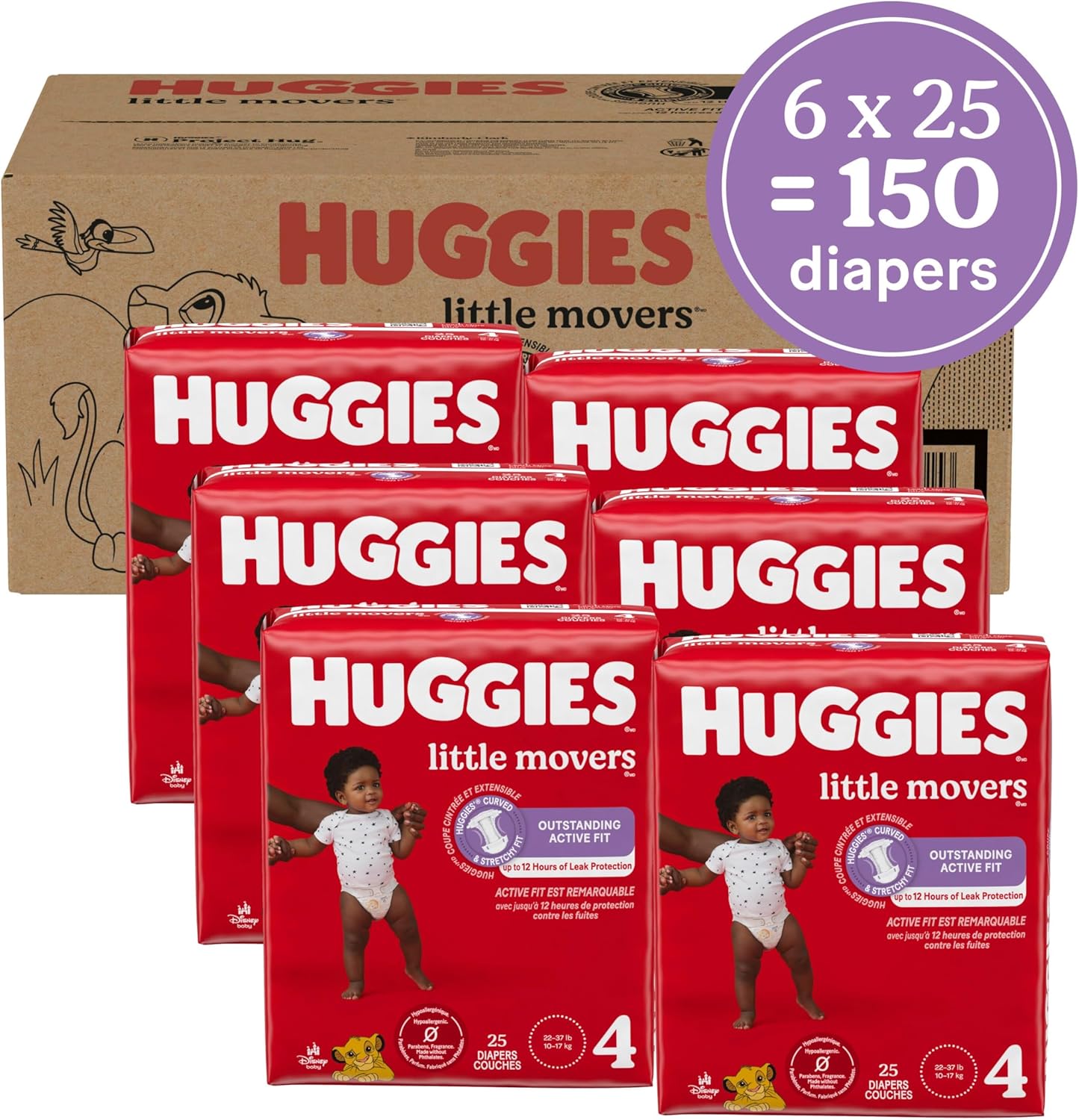 Clearly communicates the total number of diapers in the package to help shoppers understand the value and quantity they are purchasing.