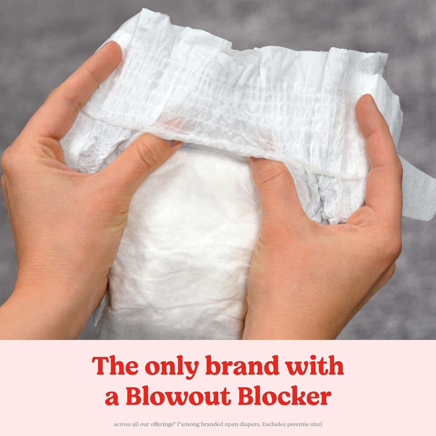 Highlights the unique feature of a blowout blocker to prevent diaper leaks, positioning the brand as the only one offering this benefit.