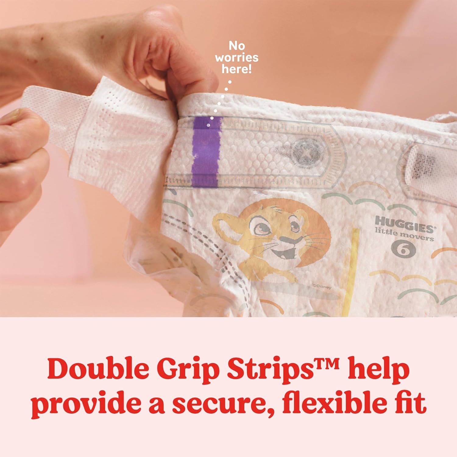 Highlights the diaper's Double Grip Strips feature to reassure parents about a secure and flexible fit for their baby.