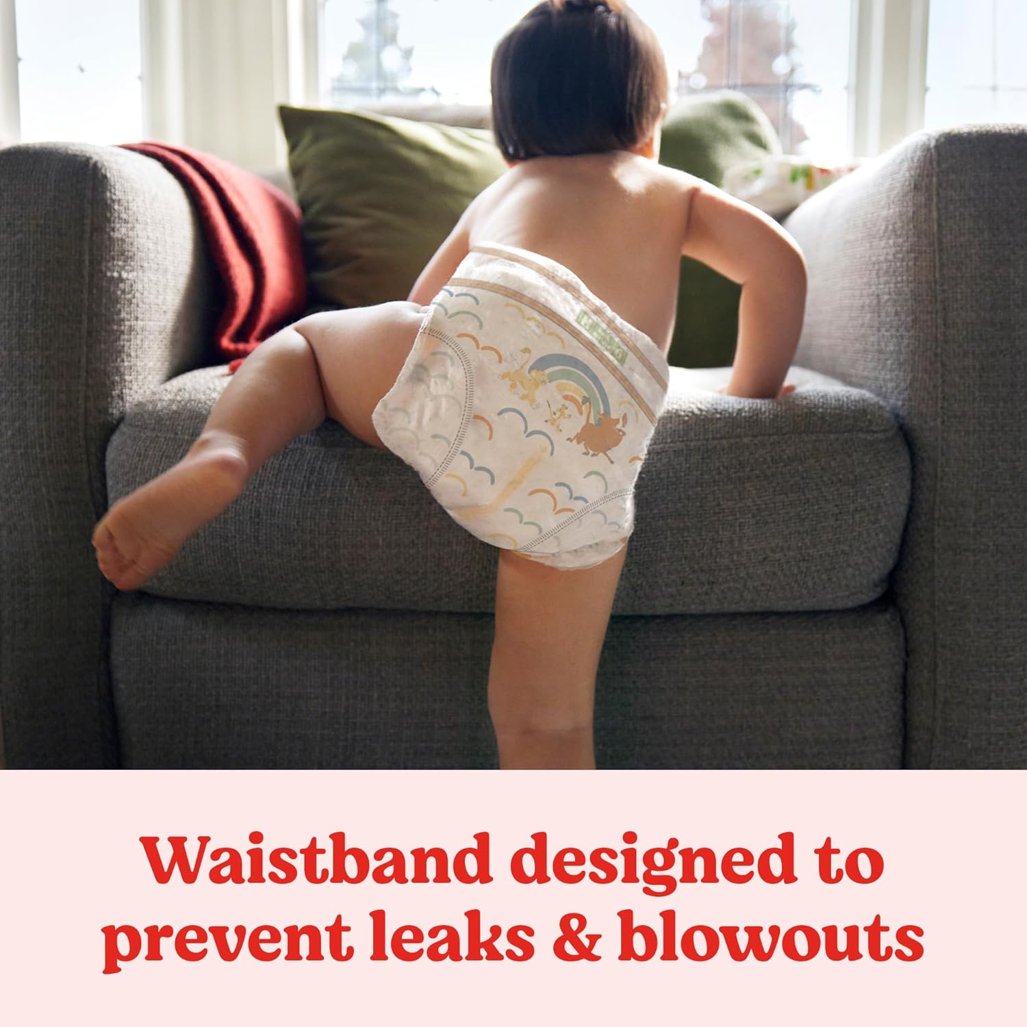 Highlights the diaper's waistband design that prevents leaks and blowouts, reassuring parents of its effectiveness.