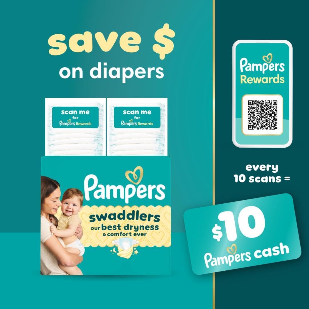 Communicates the financial benefit of using the Pampers Rewards program, showing how scanning diaper packages can lead to cash rewards.