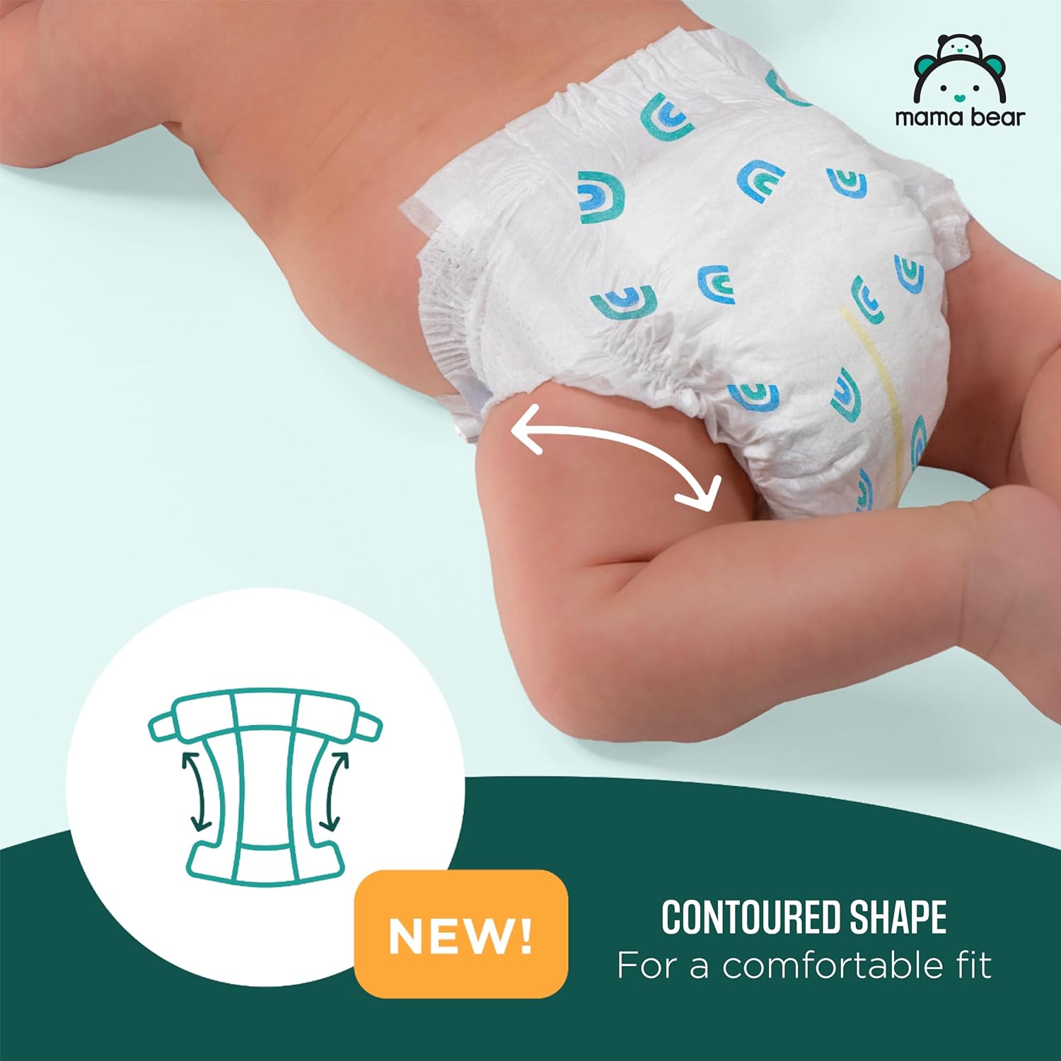 Highlights the diaper's new contoured shape design for a more comfortable fit on babies.