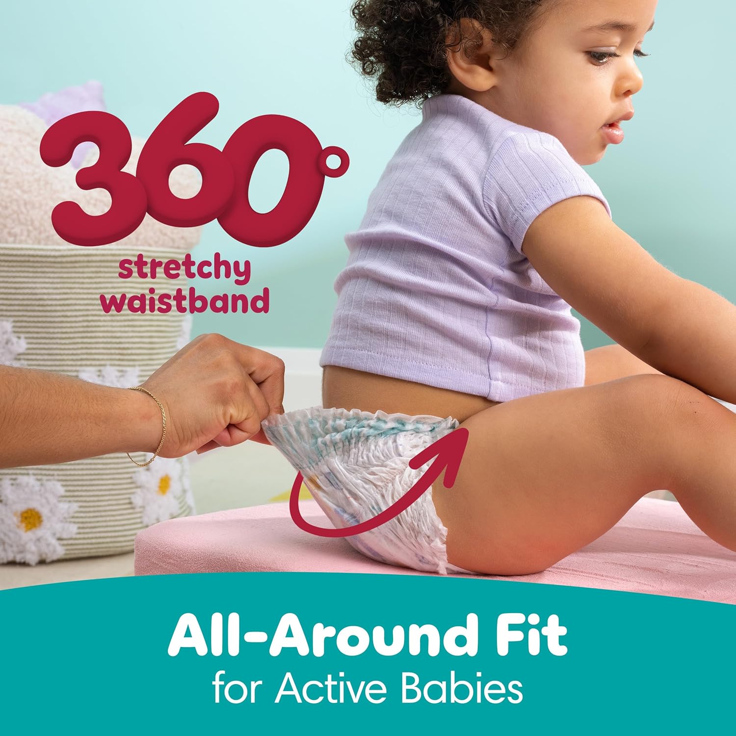 Highlights the diaper's 360-degree stretchy waistband to show how it provides a comfortable, all-around fit for active babies.