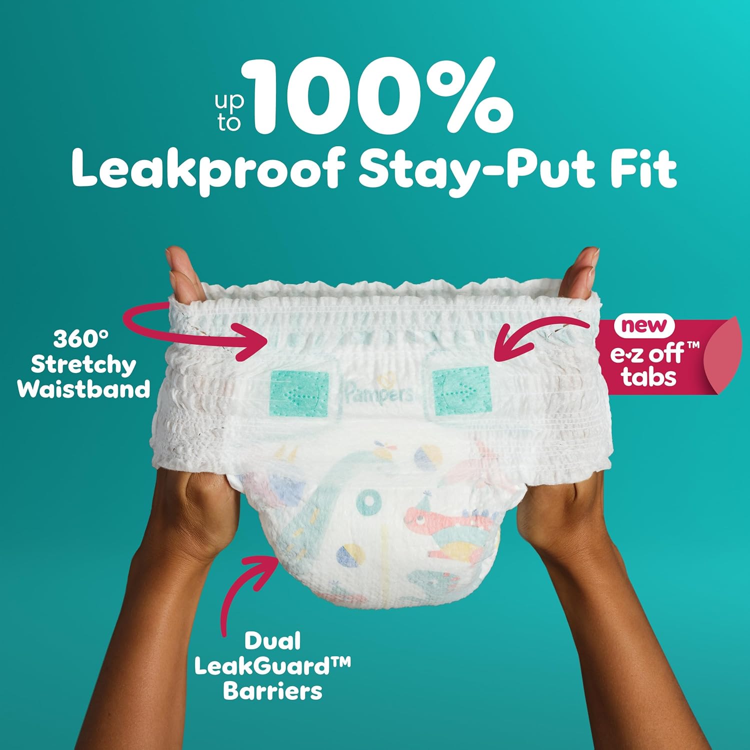 Highlights multiple features of the diaper to demonstrate its superior fit and ease of use for parents.