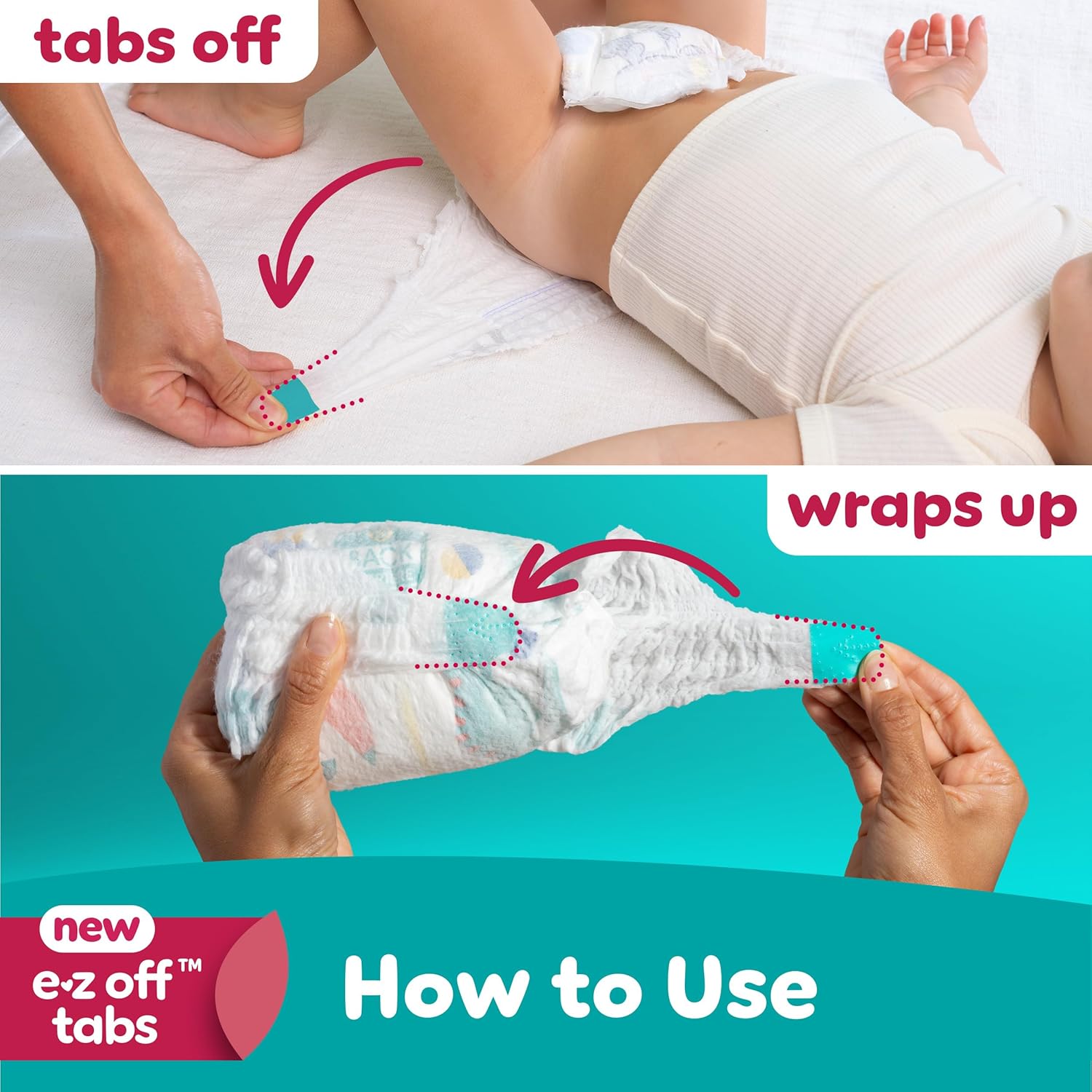 Demonstrates the simple steps to remove and dispose of the diaper using the new e-z off tabs feature.