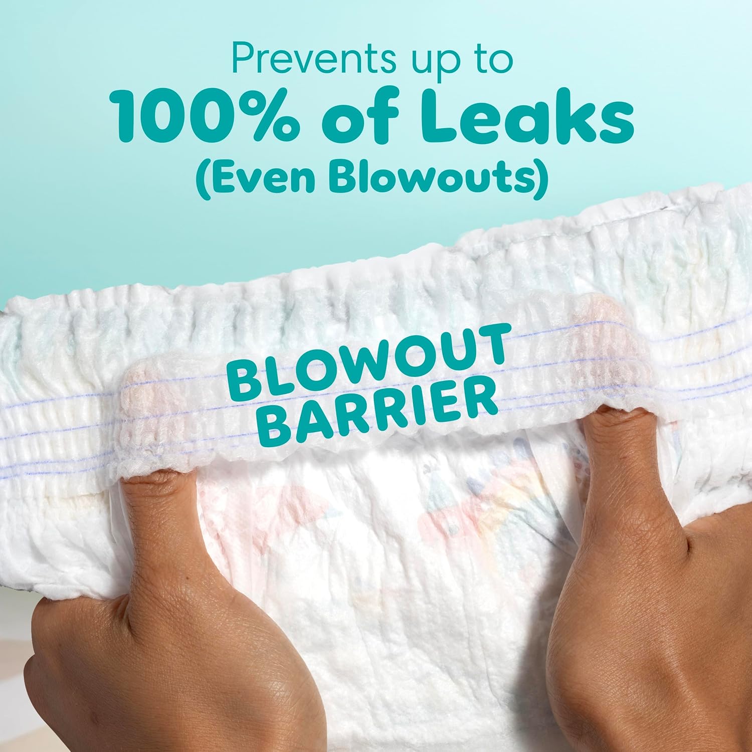 Highlights the diaper's ability to prevent 100% of leaks, including blowouts, reassuring parents about its effectiveness.