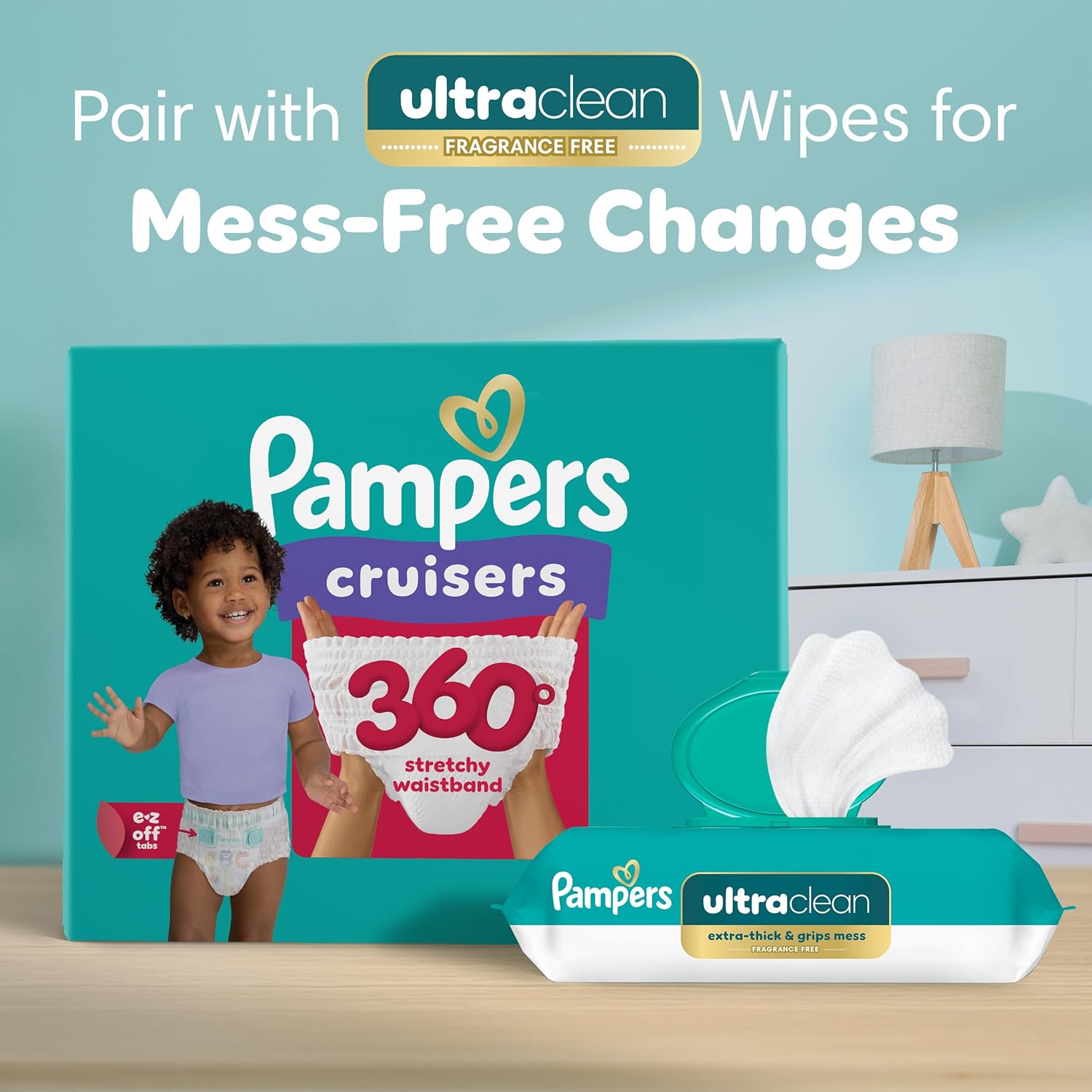 Highlights the combination of Pampers Cruisers diapers with 360° stretchy waistband and Ultraclean fragrance-free wipes for mess-free diaper changes.