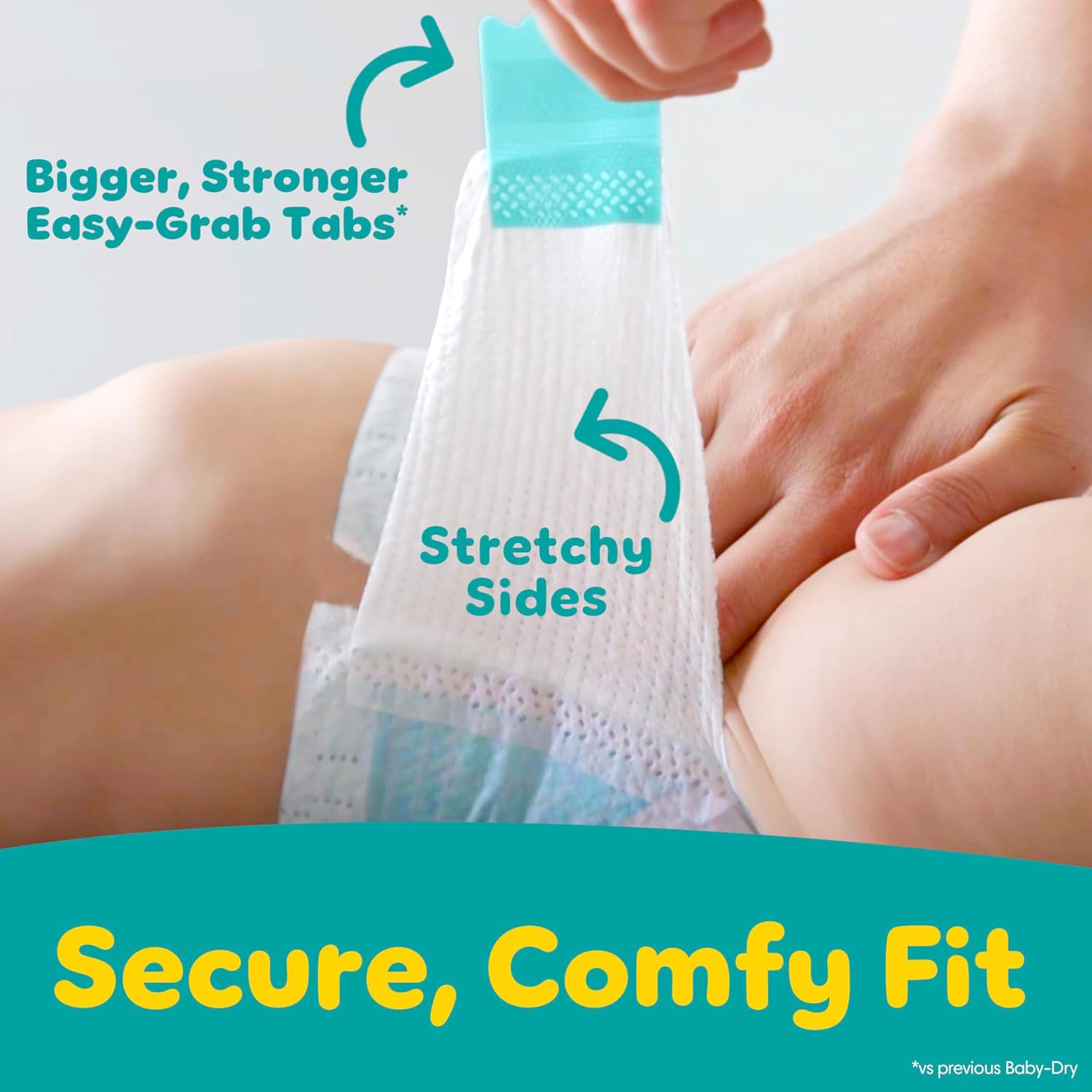 Highlights the enhanced features of the diaper, focusing on the bigger and stronger easy-grab tabs and stretchy sides for a more secure and comfortable fit.