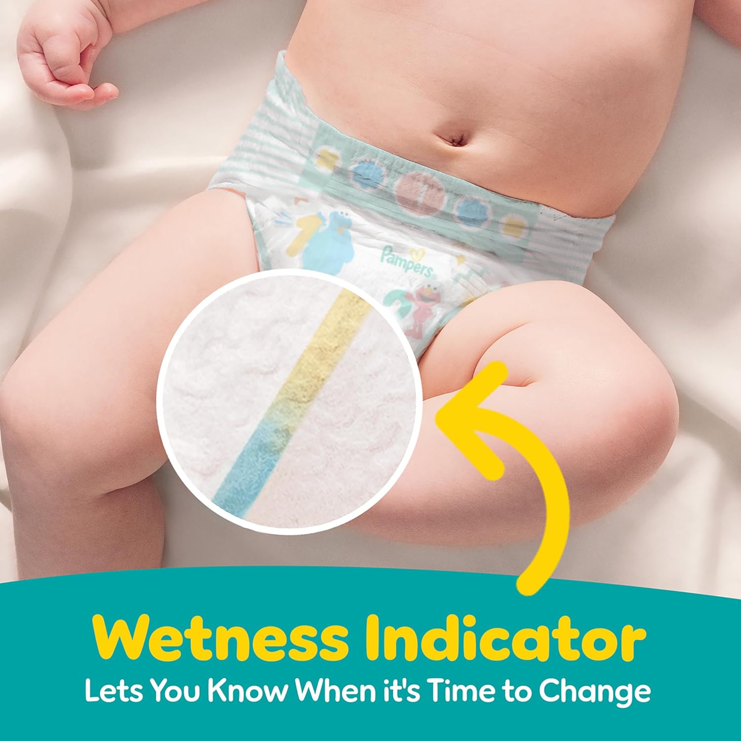 Highlights the diaper's wetness indicator feature to help parents know when it's time to change the baby.