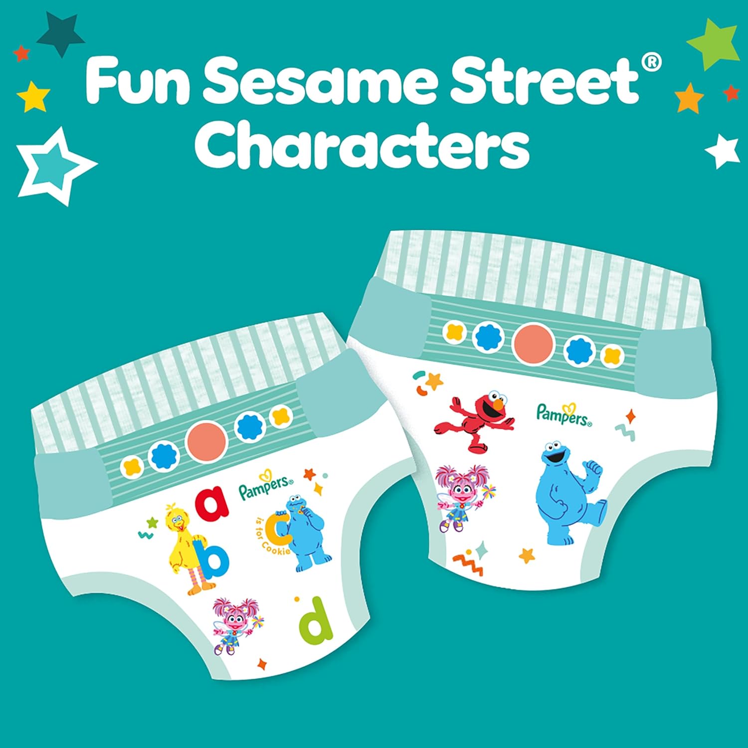 Showcases the Sesame Street character designs on Pampers diapers to appeal to parents and children with familiar, beloved characters.