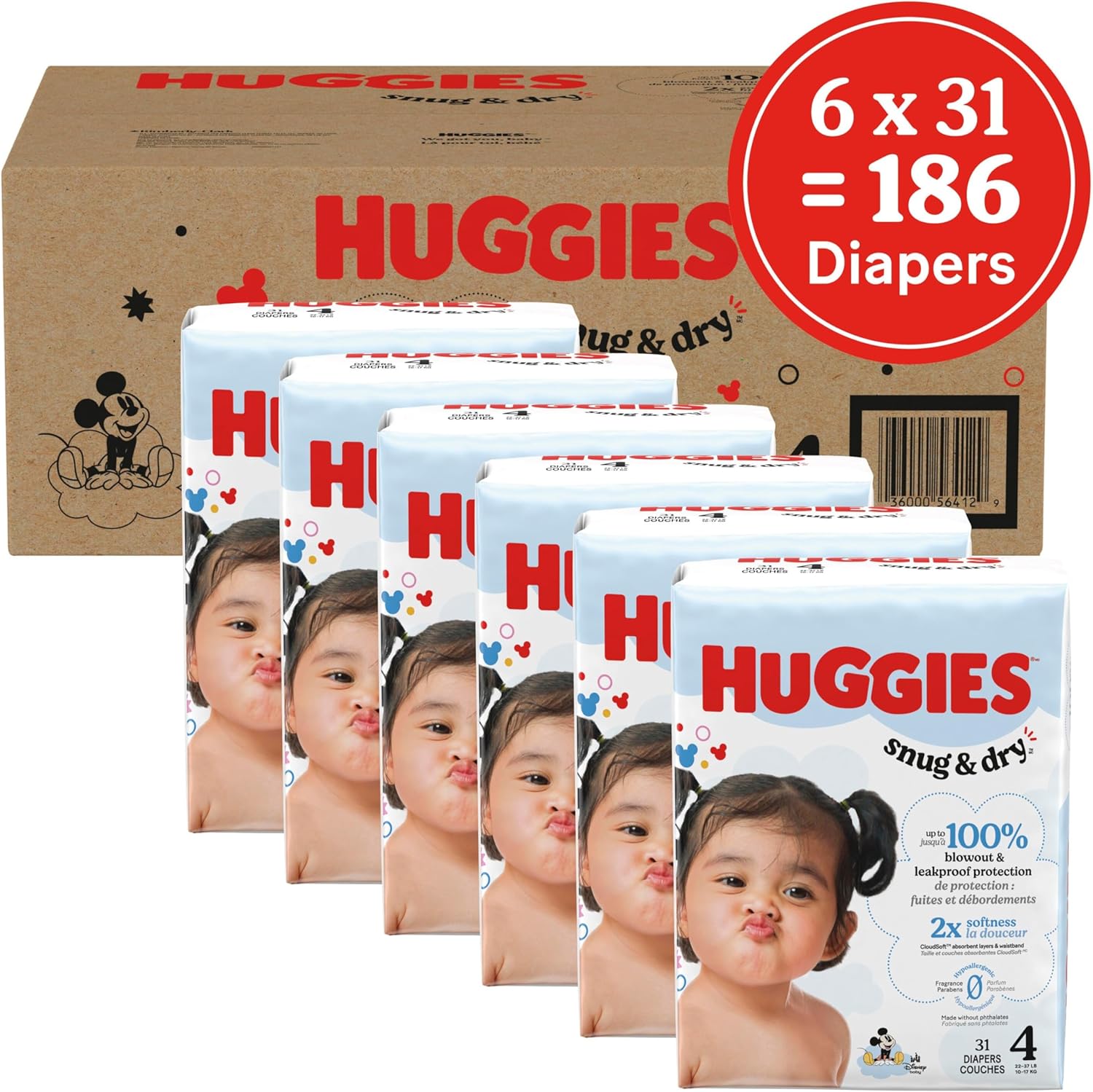 Communicates the total number of diapers in the package to highlight value and quantity for the customer.