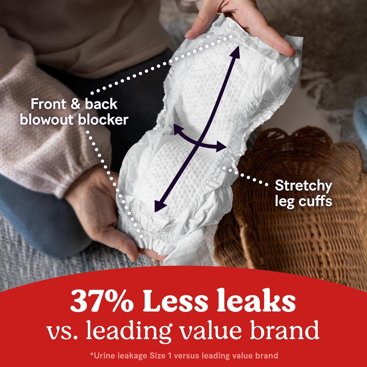 Highlights multiple features of the diaper to show its effectiveness in preventing leaks and ensuring comfort. Compares the product's leak protection to a leading value brand to demonstrate superior…