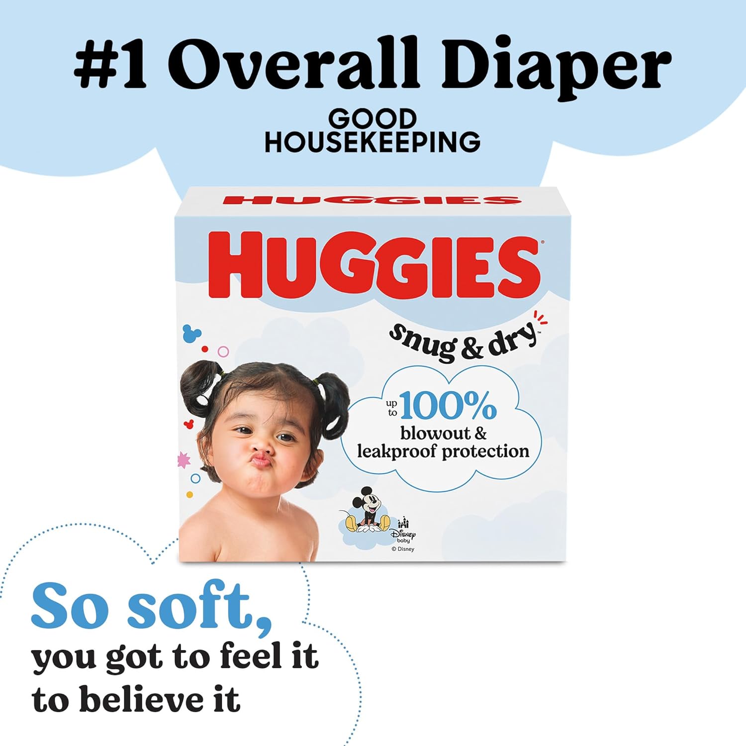 Highlights multiple key benefits of Huggies diapers to convince parents of its superior quality and effectiveness. Builds credibility by showcasing the Good Housekeeping endorsement as the #1…
