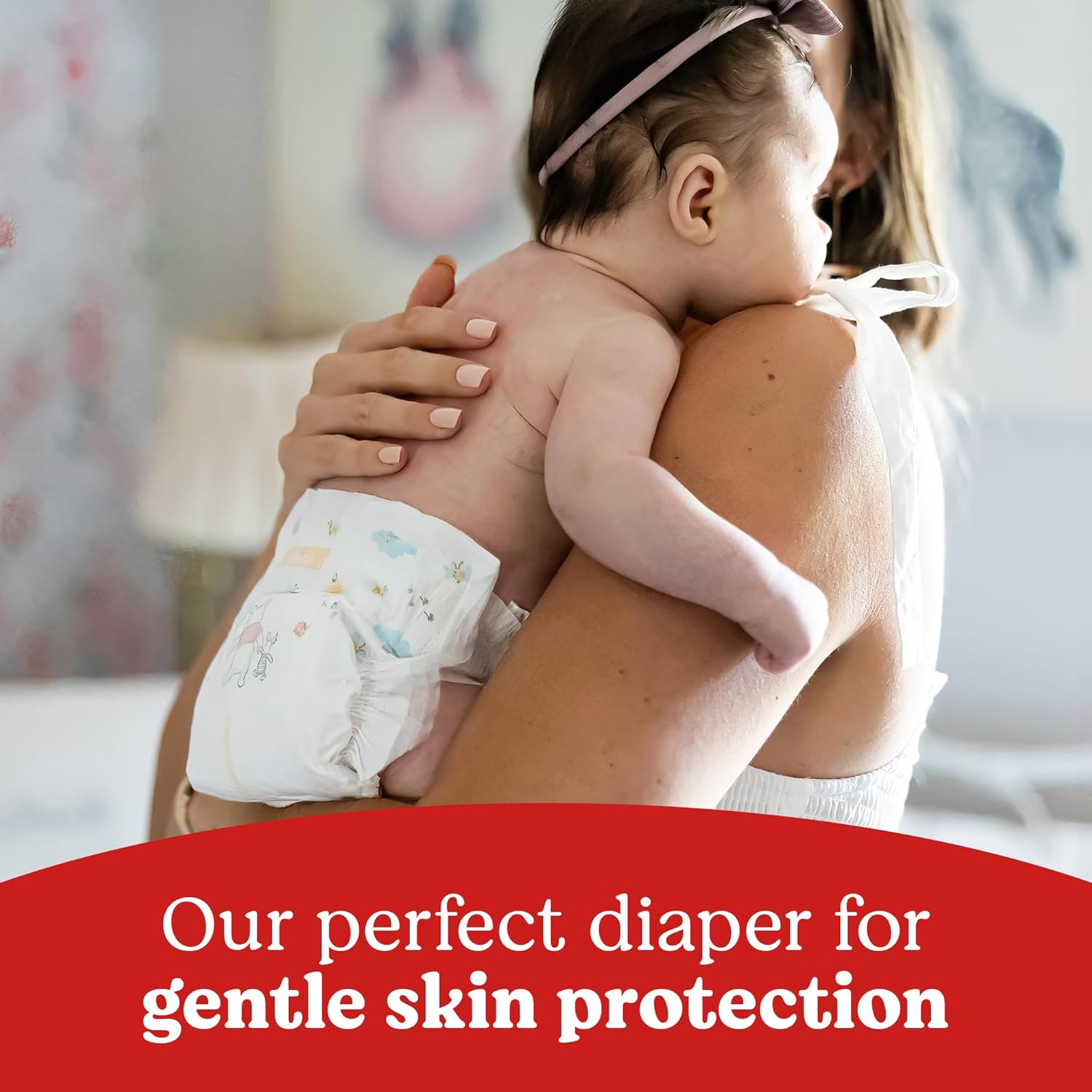 Emphasizes the diaper's ability to provide gentle protection for a baby's sensitive skin.