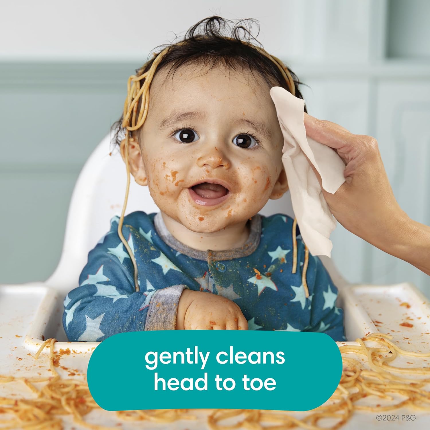 Demonstrates that the product gently cleans babies from head to toe, even after messy meals.