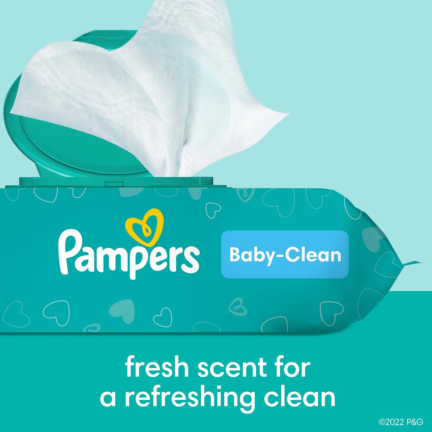 Highlights the fresh scent feature of Pampers Baby-Clean wipes to emphasize a refreshing and clean experience for the baby.