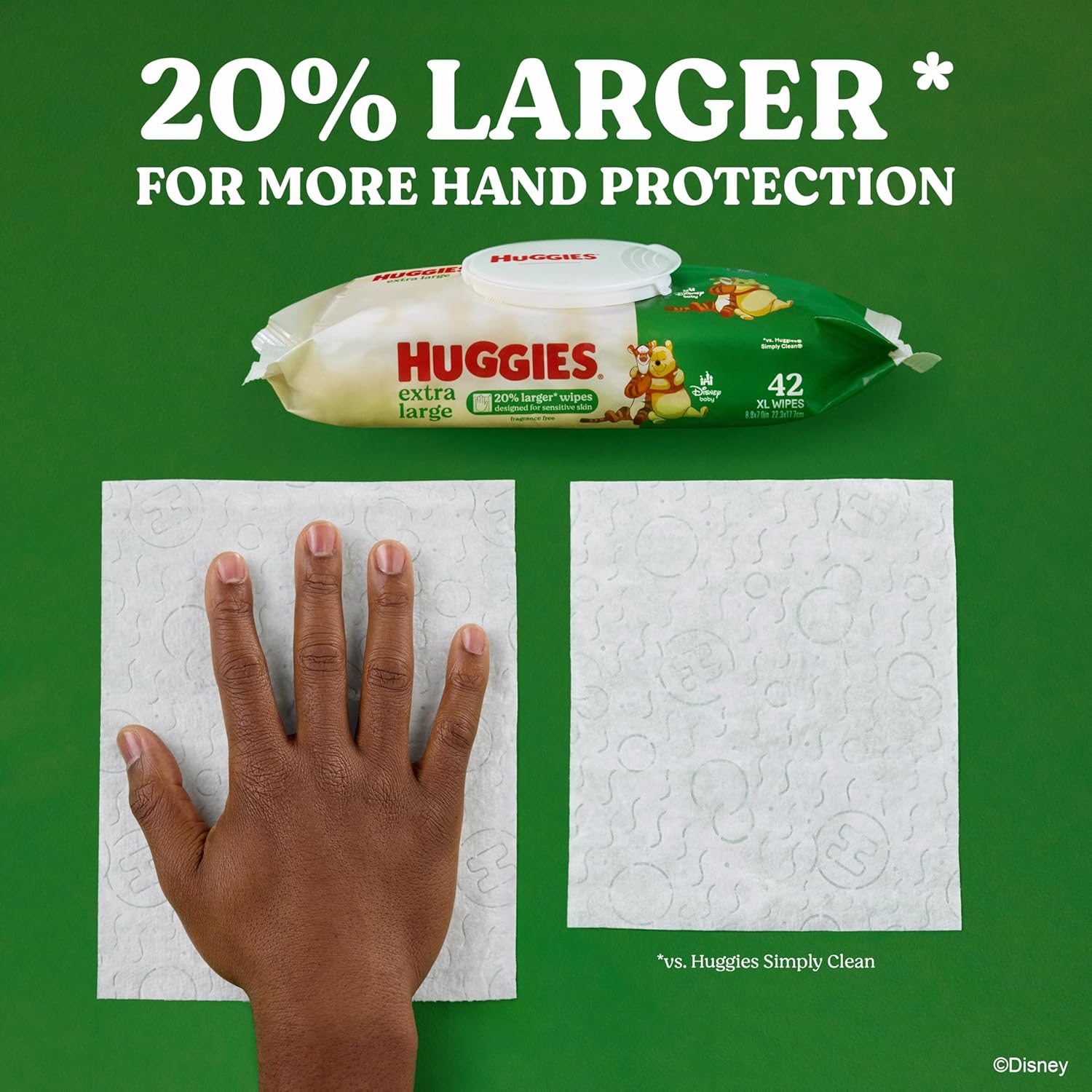 Emphasizes the increased size of the wipes for better hand protection during diaper changes.