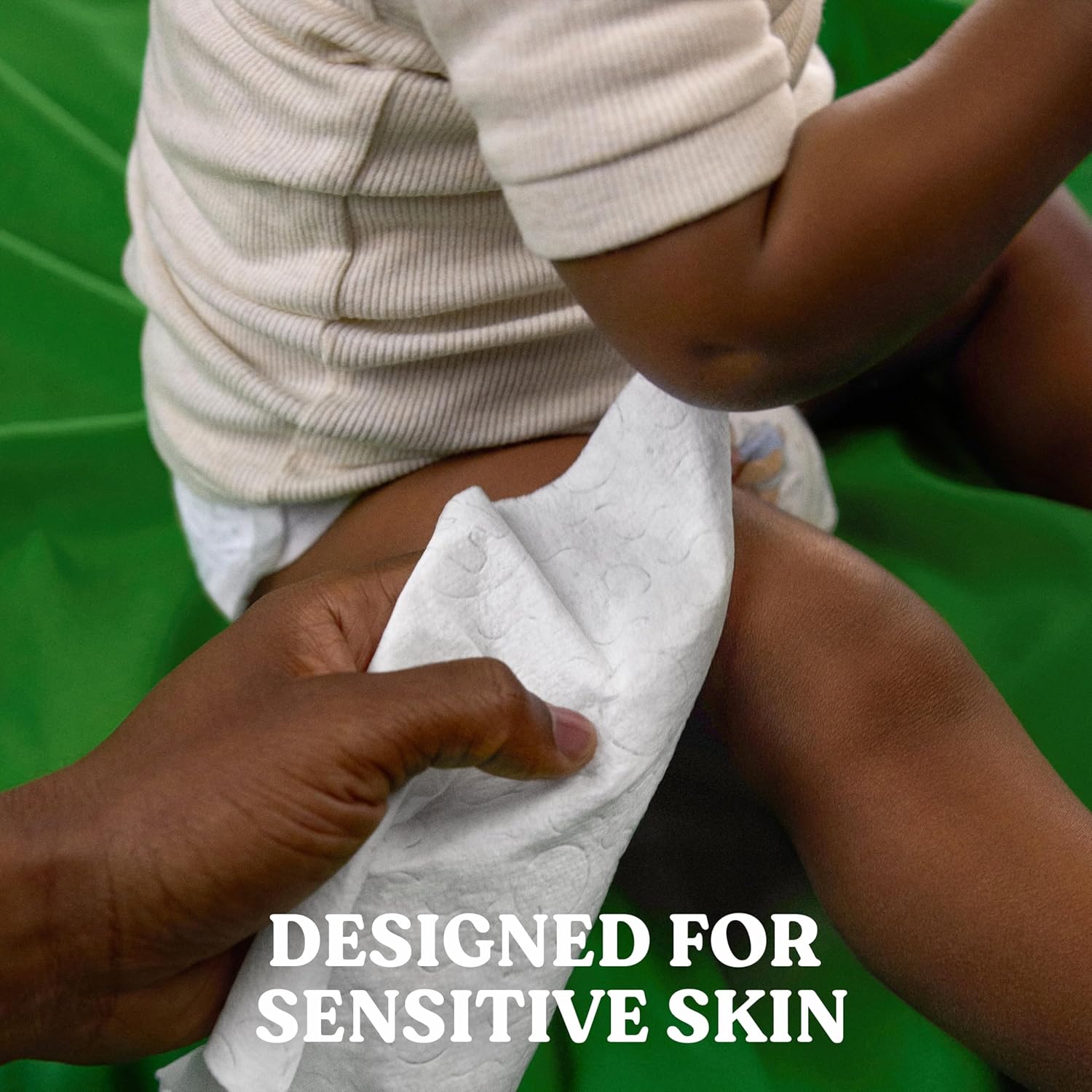 Highlights that the product is specifically designed for sensitive skin, reassuring parents about its gentleness and suitability for their baby.