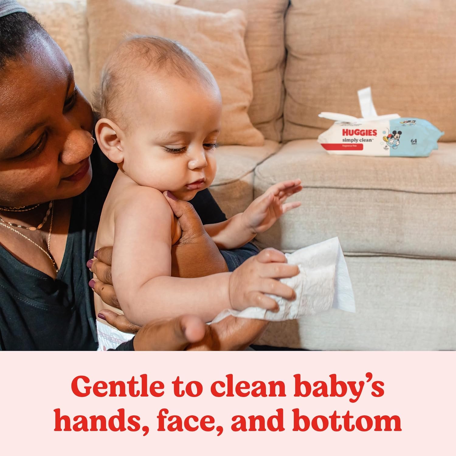 Emphasizes the product's gentleness for cleaning sensitive areas of a baby's body, reassuring parents of its safety and effectiveness.