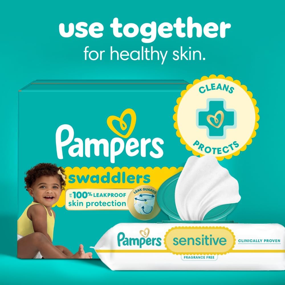 Highlights multiple benefits of using Pampers products together for complete baby care, emphasizing leak protection, skin protection, and sensitivity.
