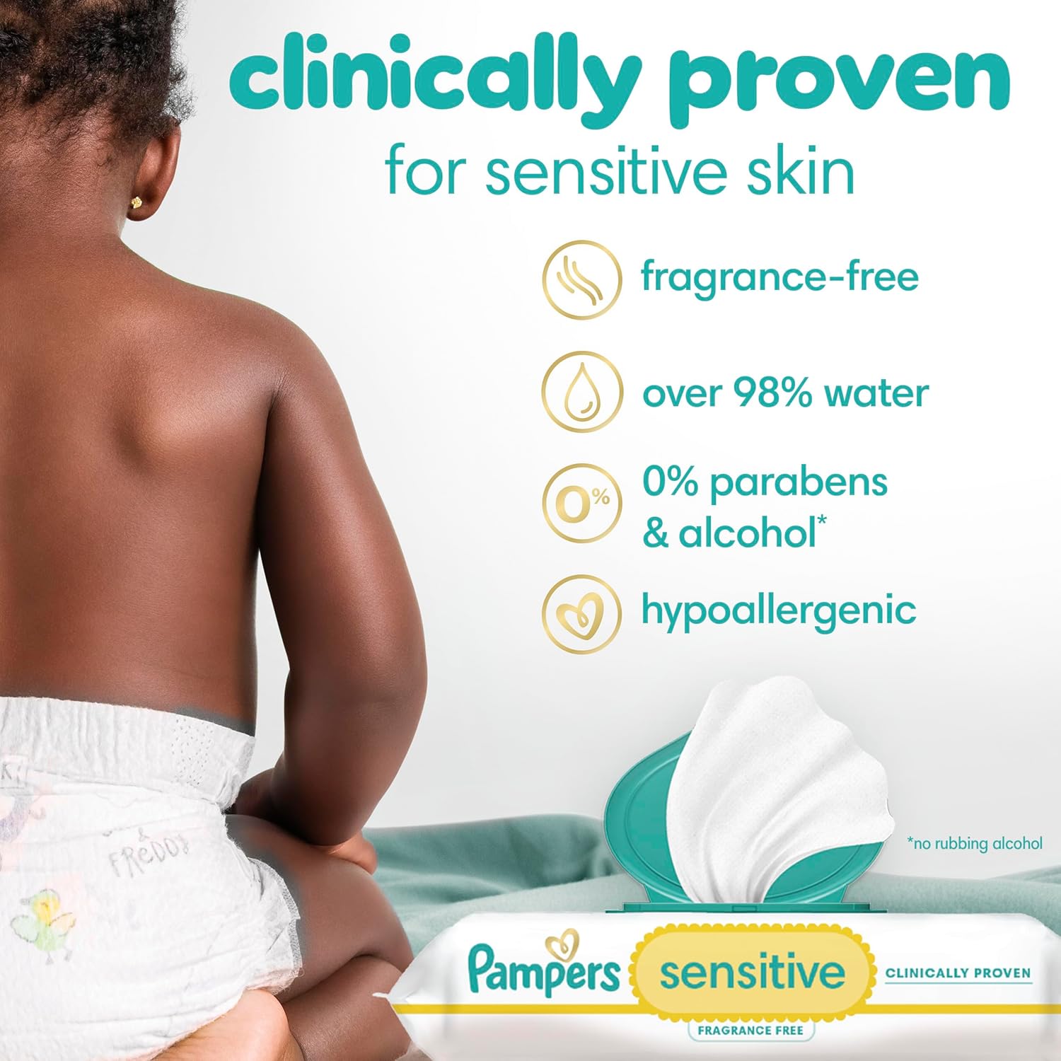 Highlights multiple features of the product that make it suitable for sensitive skin, reassuring parents about its safety and gentleness. Emphasizes the product's safety for sensitive skin through…
