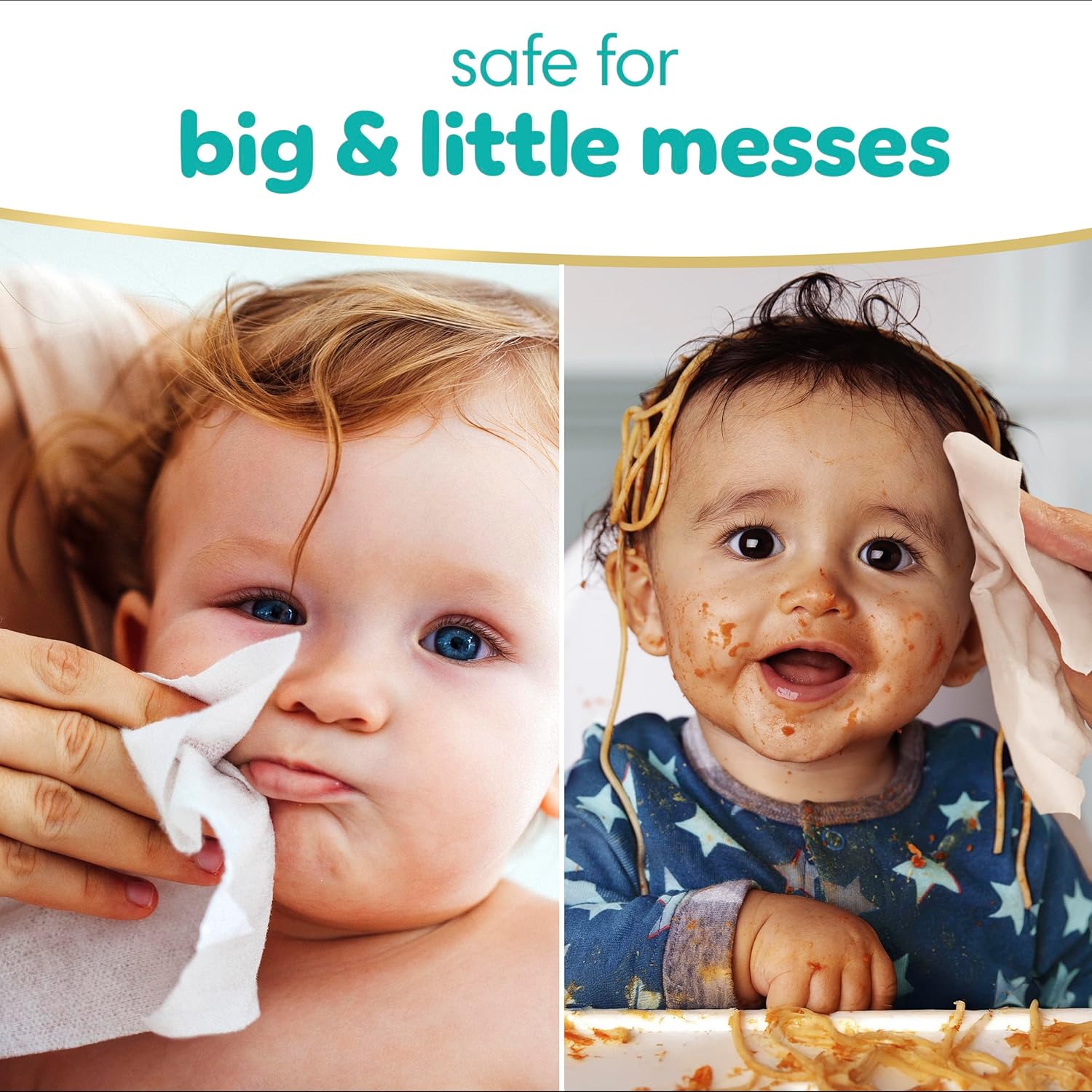 Reassures parents that the product is safe to use on babies and children for cleaning up various messes.