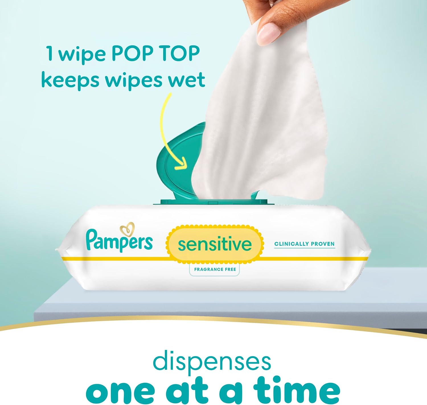 Highlights the product's pop-top feature that keeps wipes wet and dispenses one at a time, emphasizing convenience and moisture retention.