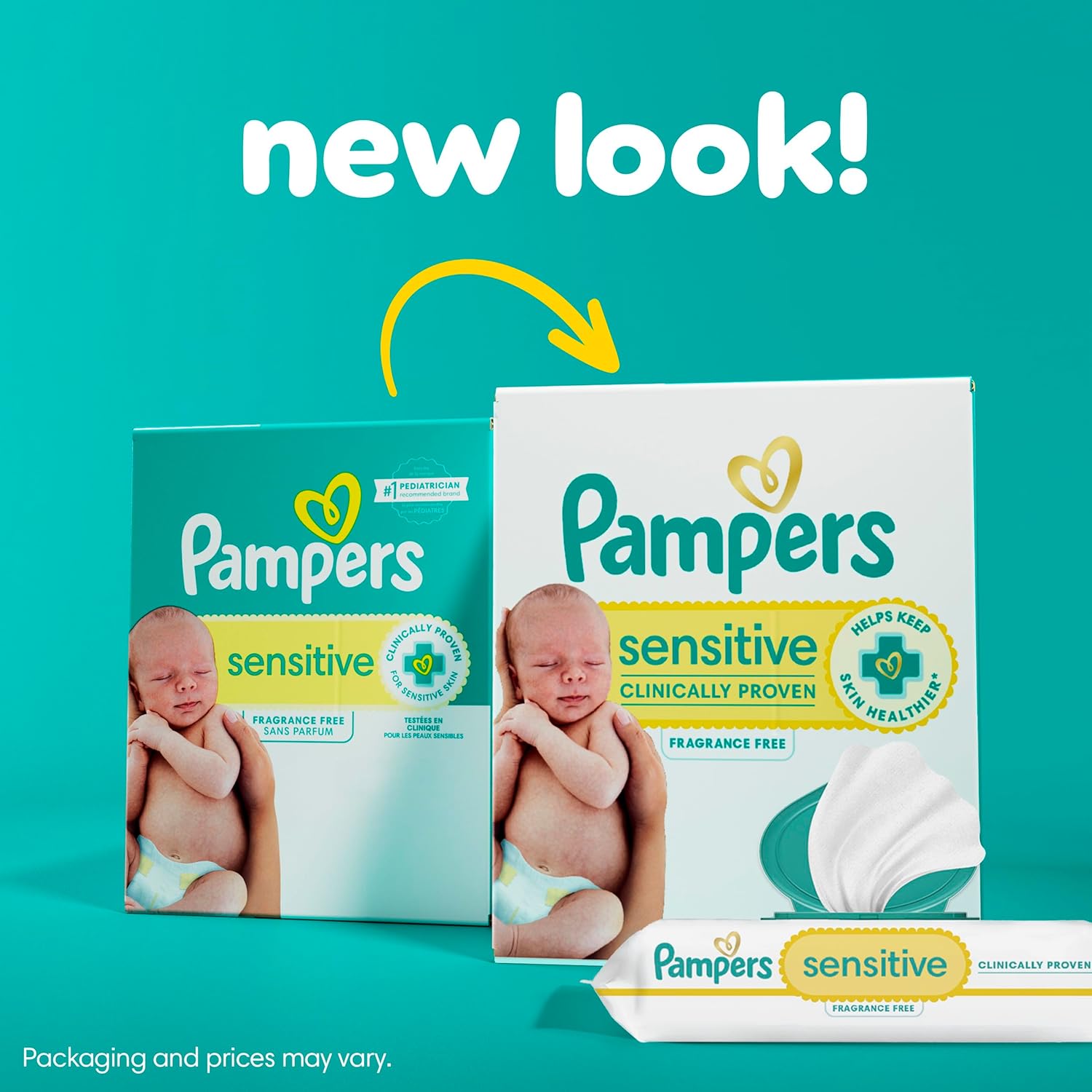 Introduces customers to the updated packaging design for Pampers Sensitive products, maintaining brand recognition while highlighting improvements.