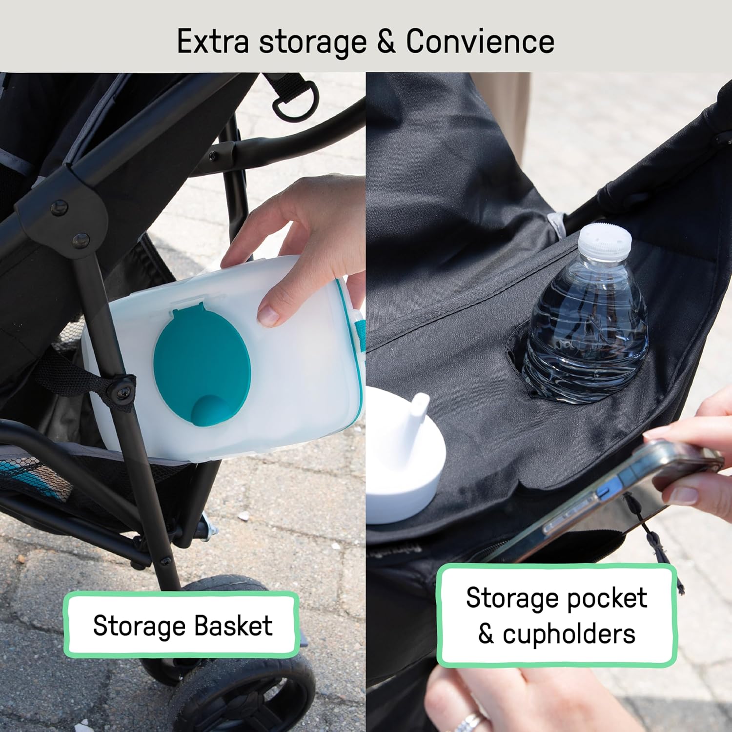 Highlights multiple storage and convenience features of the stroller to show its practicality for parents on the go.