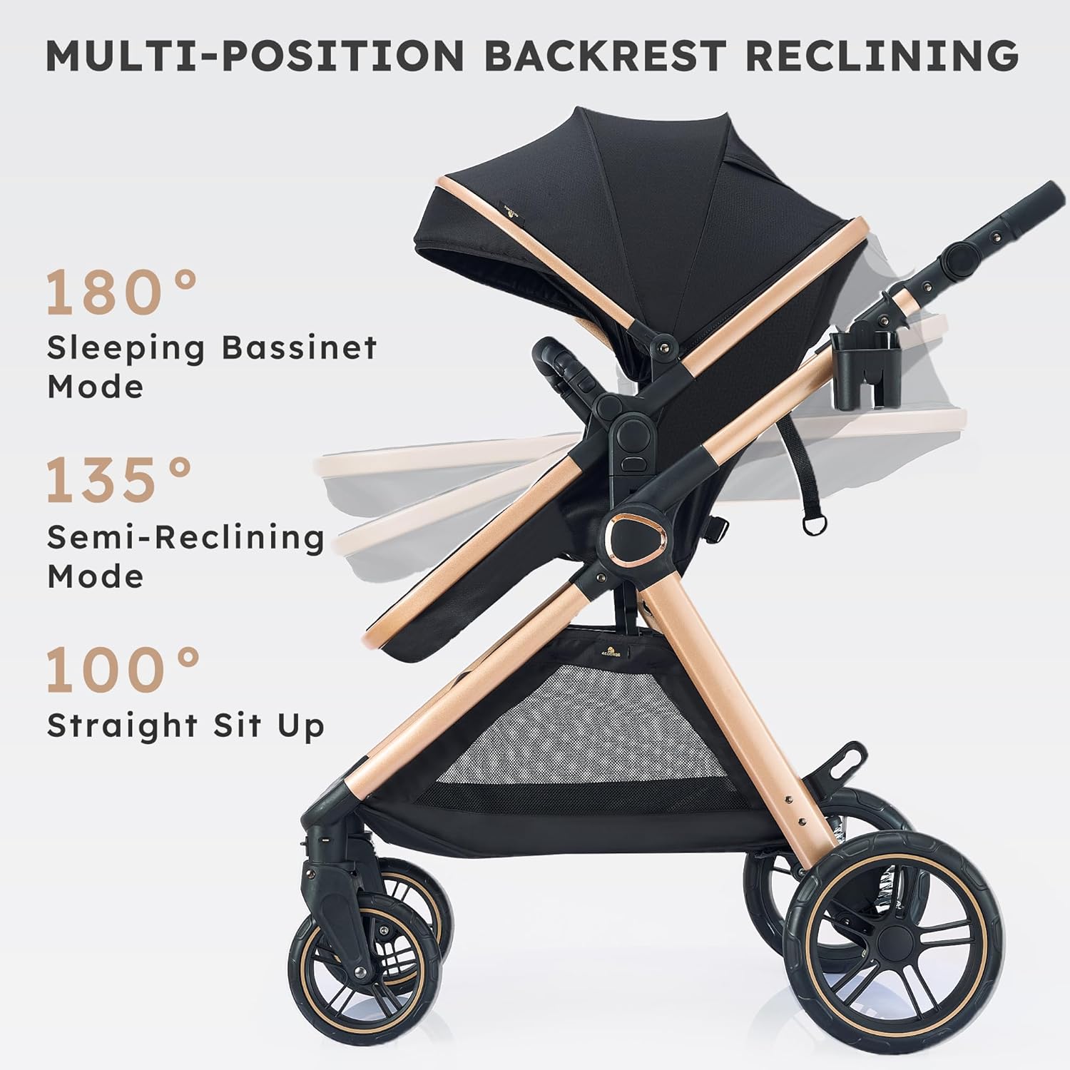 Demonstrates the stroller's versatility with multiple reclining positions, highlighting comfort options for different activities and ages.