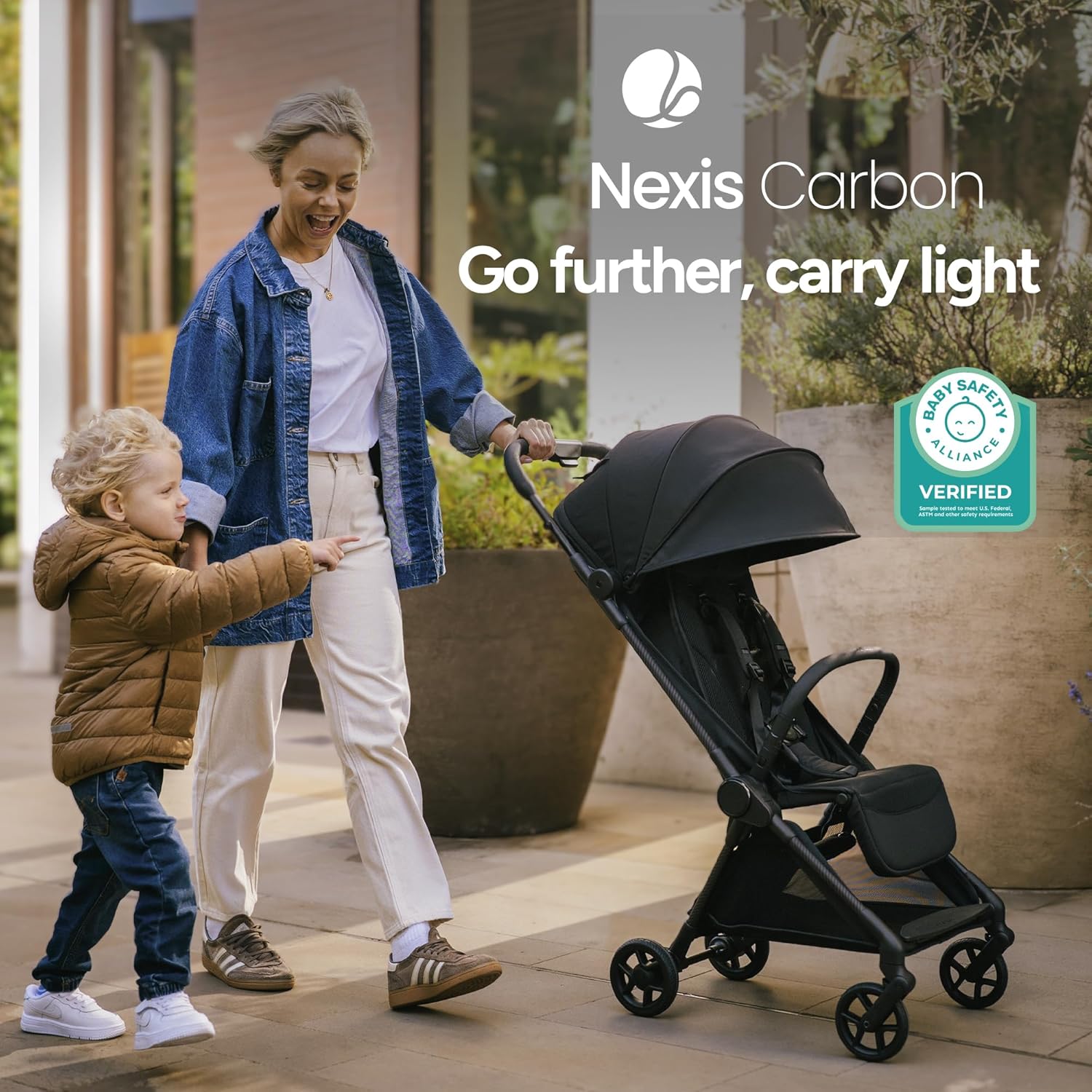 Emphasizes the stroller's lightweight and portable nature, making it easy for parents to travel and move around with their children. Reassures parents about the stroller's safety by displaying the…