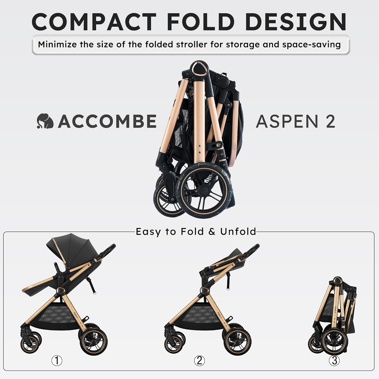 Demonstrates the easy folding process of the stroller, highlighting its space-saving design for convenient storage and transport. Emphasizes the stroller's ability to fold into a compact size,…
