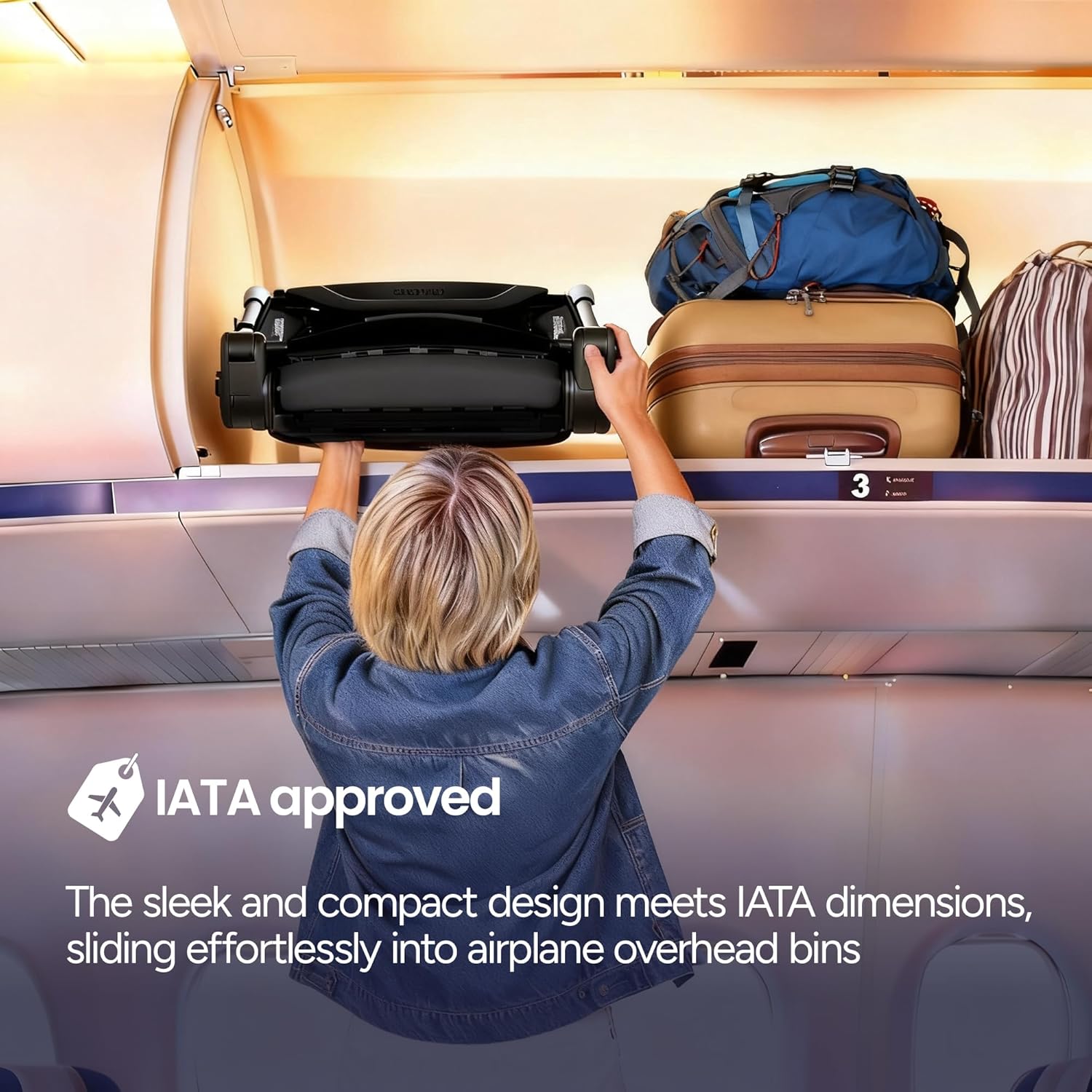 Demonstrates the product's suitability for air travel by showing it fits easily in overhead bins. Reassures customers that the product meets airline industry standards for carry-on luggage.