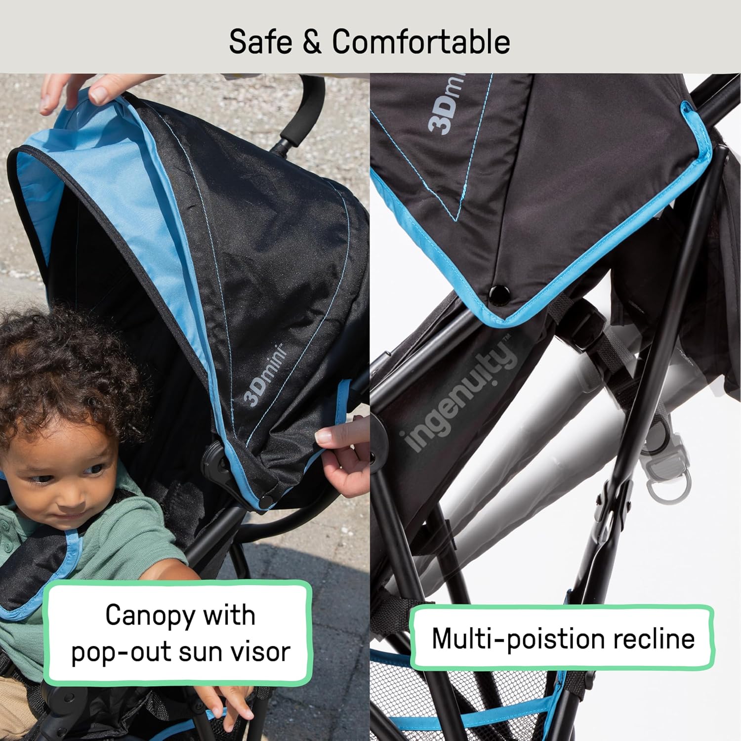 Highlights the stroller's safety and comfort features, specifically the canopy with sun visor and multi-position recline capability.