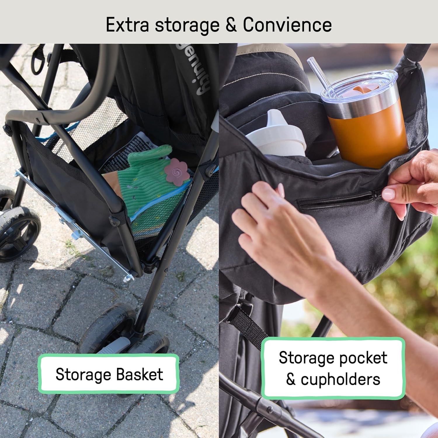 Highlights the stroller's additional storage options and convenient features for parents, such as a storage basket and cup holders.